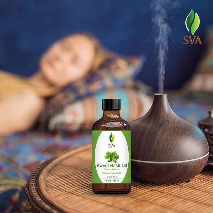 SVA Sweet Basil Essential Oil – 4 Fl Oz – 100% Natural Basil Oil - for Diffuser, Hair Care, Face, Skin Care, Aromatherapy, Scalp and Body Massage, Soap and Candle Making – with Dropper-VivaGrace Women