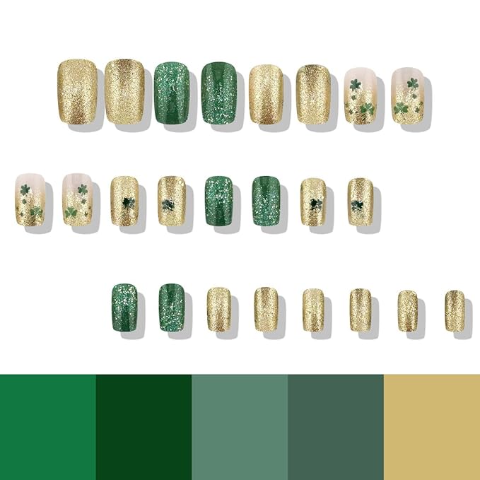 St. Patrick's Press on Nails Medium Square Fake Nails Gold Green Glitter False Nails Full Cover Clover Stick on Nails Green Glue on Nails Artificial Acrylic Nails for Women 24Pcs