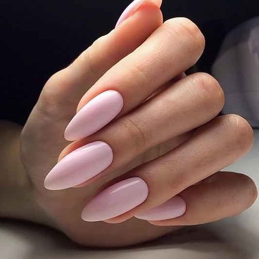 Pink Fake Nails Almond Press on Nails Medium Glossy Stick on Nails Cute Glue on Nails Acrylic False Nails for Women and Girls