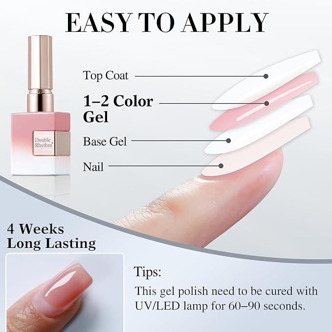 Double Rhythm Translucent Gel Polish Sheer Neutral Natural Light Milky Same Color Same Bottle 15ML Jelly Nail Polish Nail Art DIY at Home (Nude Milky Pink-A1384)-VivaGrace Women