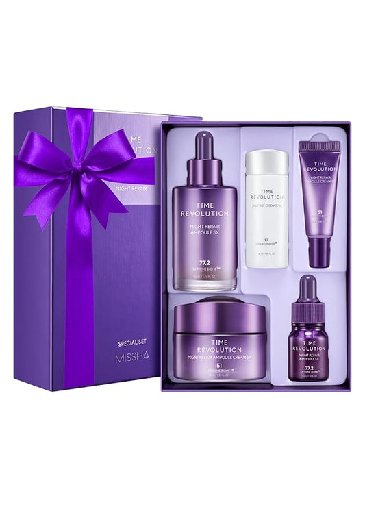 MISSHA Time Revolution Night Repair 5X Gift Set Night Repair Ampoule and Cream 5X, The First Essence 5X for Youthful, Glowing Skin-VivaGrace Women