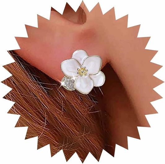 Vintage Enamel Flower Stud Earrings Camellia Flower Earrings Gold Crystal Flower Petal Earrings White Petal Stud Earrings Jewelry for Women-VivaGrace Women