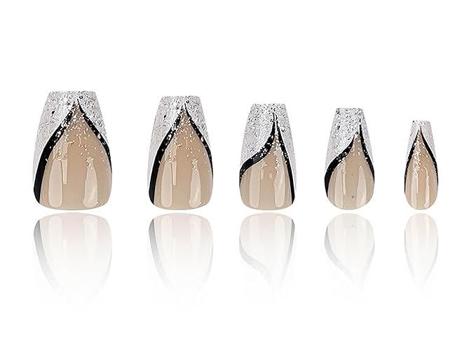 Coffin Press on Nails French Tip Fake Nails Medium False Nails with Glitter Designs Medium Coffin Nail Press ons Nude Full Cover Glue on Nails Cute Stick on Nails for Women 24Pcs