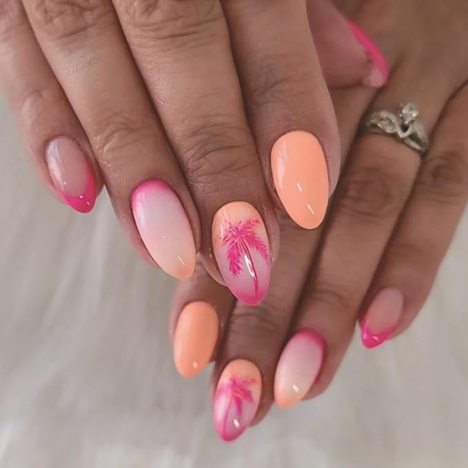 Coconut Tree Press on Nails Medium Almond Fake Nails with Design Ombre Orange Glue on Nails Glossy Spring Nails Reusable Pink French tips Gradient Summer False Nails for Women Girls Manicure 24pcs
