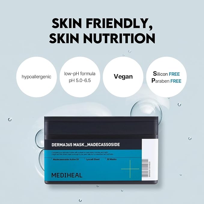 Mediheal Derma 365 Madecassoside Mask (30 Masks) - Daily Skin Care Mask for Deeply Comforting and Calming Skin with Madecassoside-VivaGrace Women