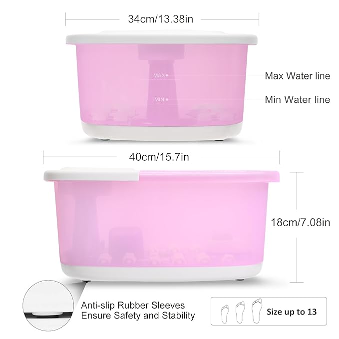 Foot Spa Bath Massager with Heat Bubbles and Vibration Massage and Jets, 16 OZ Calming Lavender Foot Soak Epsom Salt, Foot Soaker with Red Light, 22 Massage Rollers, Adjustable Temp - Pink-VivaGrace Women
