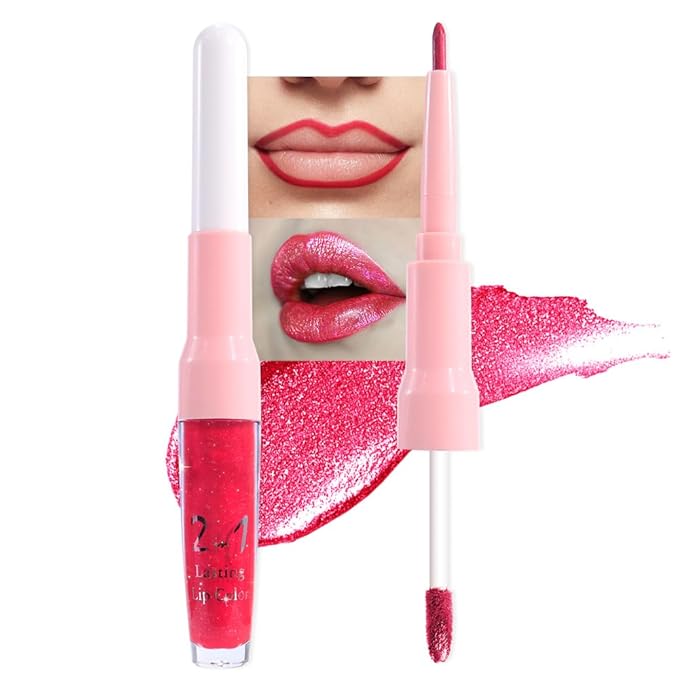 evpct Crushed Ruby Red Metallic Glitter Lip Liner and Lipstick Combo Lip Gloss Stain Set Makeup for Women Long Lasting Waterproof 24, Red Frosted Metallic Shimmer Glossy iridescent Liquid Lipstick 18-VivaGrace Women