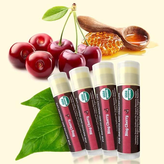 USDA Organic Lip Balm 4-Pack by Earth's Daughter - Cherry Flavor, Beeswax, Coconut Oil, Vitamin E - Best Lip Repair Chapstick for Dry Cracked Lips.-VivaGrace Women