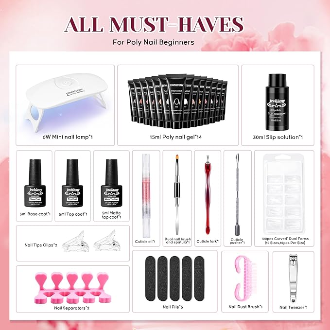 JEWHITENY 14 PCS Poly Nail Gel Kit Poly Extension Gel Kit Starter Kit With Slip Solution Professional Extension Set With LED Lamp Nail Art Design Beginner All In One-VivaGrace Women