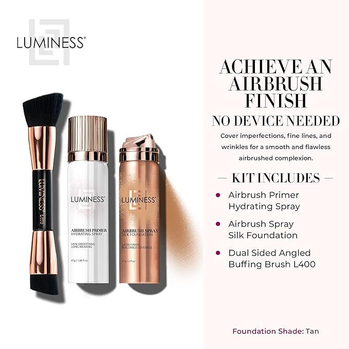 LUMINESS Airbrush Spray Silk Foundation Starter Kit - Tan - Foundation, Primer & Dual-Sided Angled Buffing Brush - Medium, Buildable Coverage, Anti-Aging Formula Hydrates & Moisturizes-VivaGrace Women