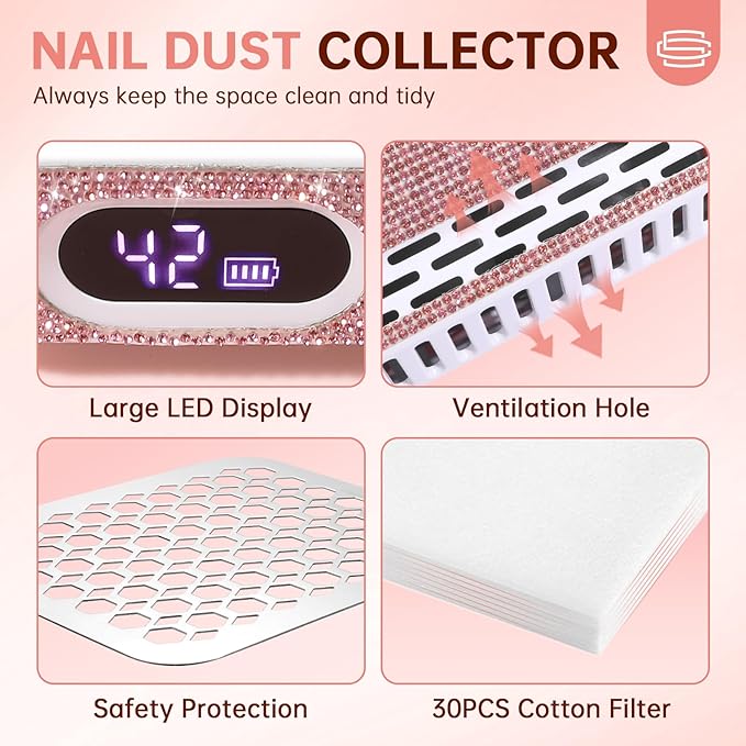 Nail Dust Collector, Rechargeable Dust Collector Nail Tech, Powerful Vacuum Fan Vent Dust Collector Extractor Dust Suction Machine for Acrylic Nails Polishing, Nail Salon&Home, Pink-VivaGrace Women