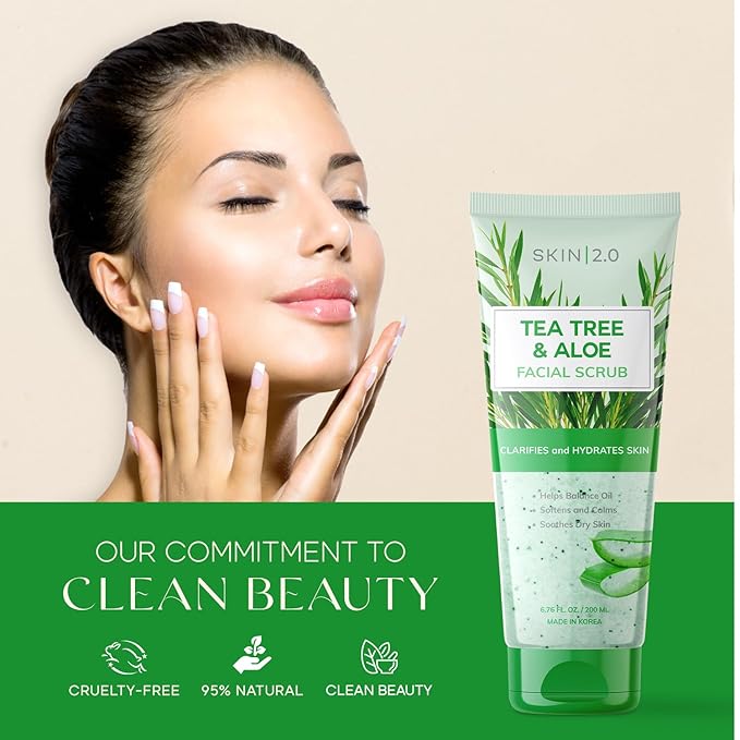 Tea Tree & Aloe Exfoliating Scrub - Dermatologist Tested, Multi-Tasking Cleanser, Clears Skin - Anti-Aging, Clean Beauty, Cruelty-Free Korean Skincare for All Skin Types - 6.76 Fl Oz / 200ML-VivaGrace Women