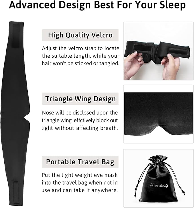 Silk Sleep Mask for Women Men, Mulberry Silk Eye Sleeping Mask & Blindfold with Adjustable Velcro Strap, Blackout Eye Cover for Sleep Travel Yoga Nap, Large Size, Black-VivaGrace Women