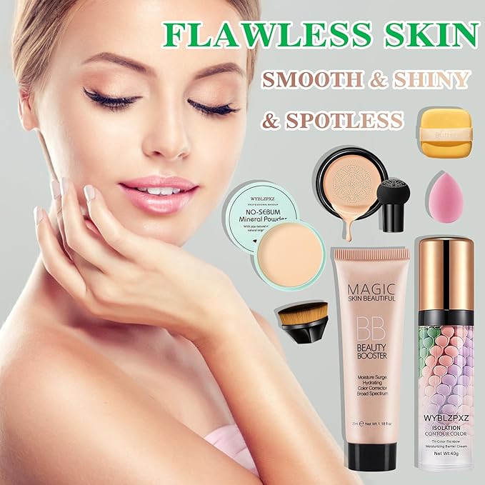 Mushroom Head Air Cushion CC Cream + BB Cream + Tri-color Color Corrector Isolation Cream Foundation Set Moisturizing Full Coverage Foundation Concealer Lasting Foundation Makeup Base Primer（7 Pcs）-VivaGrace Women