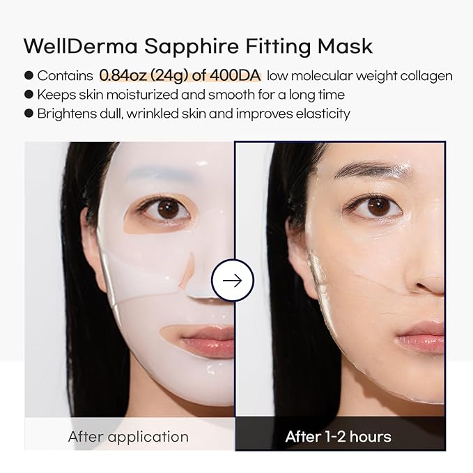WELLDERMA Sapphire Collagen Face Mask Premium Impact Fitting Overnight Face Mask 16EA-Korean Face Sheet Mask for all skin type-Hydrating facial mask sheets-Patented Structure Hydrogel Type-Niacinamide-VivaGrace Women