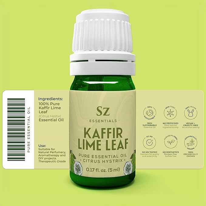 Kaffir Lime Leaf Essential Oil -100% Pure and Undiluted - Extracted from Citrus Hystrix Leaves - Earthy & Citrusy Scent with Fruity Overtones - Therapeutic Grade & Vegan - 0.17oz (5ml)-VivaGrace Women