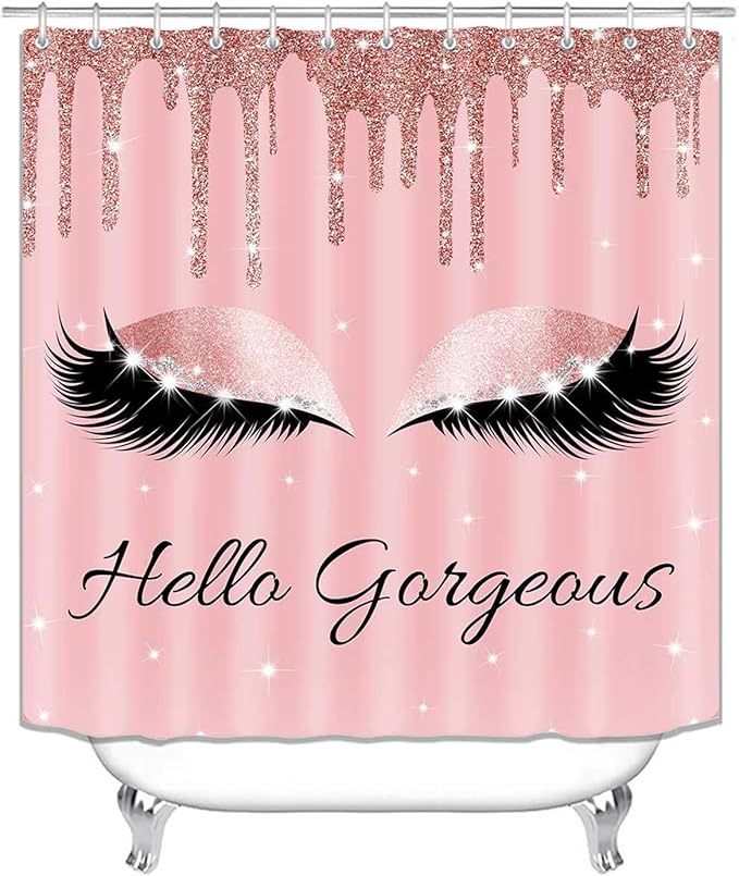 4PCS Hello Gorgeous Unicorn Eyelash Shower Curtain Set Luxury Diamond Rose Gold Glitter Eyeshadow Makeup Pink Glam Beauty Fashion Girly Women Bathroom Decor Non-slip Bath Mat Toilet Rug, Bling-VivaGrace Women