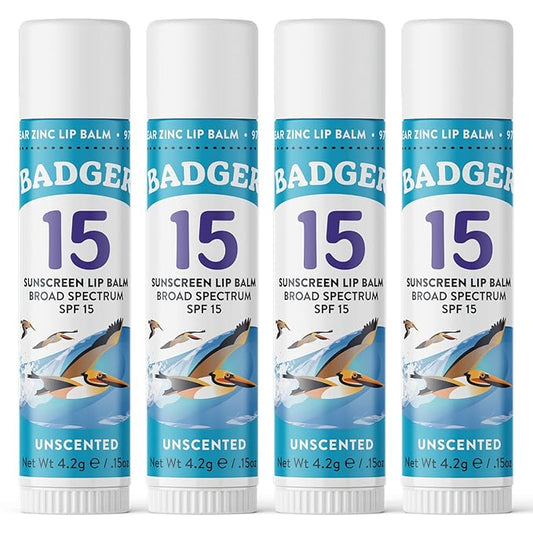 Badger Sunscreen Lip Balm SPF 15, Organic Mineral Sunscreen SPF Lip Balm with Zinc Oxide, Reef Friendly, Broad Spectrum, Water Resistant, Unscented, .15 oz (4 Pack)-VivaGrace Women
