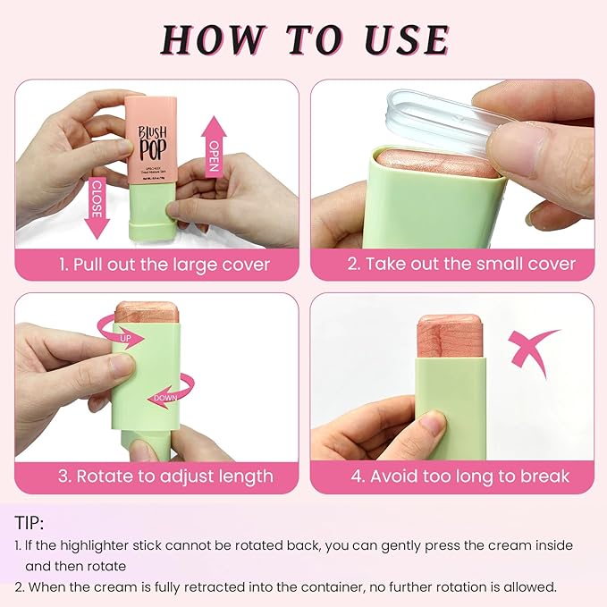 Highlighter Makeup Stick - Blush Highlighters Makeup Stick for Face & Body, Natural Silky Shimmer Highlight, Bendable Long Lasting Highlighter Wand, Cream Korean Highlighter (Soft Pink)-VivaGrace Women