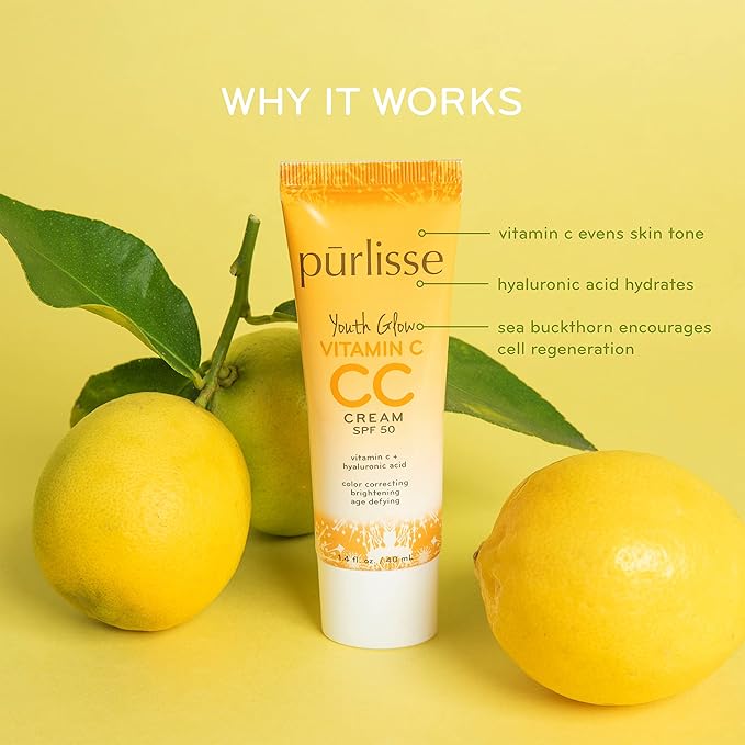 pūrlisse Youth Glow Vitamin C CC Cream SPF 50: Cruelty-Free & Clean, Paraben & Sulfate-Free, Full Coverage, Hydrates with Hyaluronic Acid | Light 1.4oz-VivaGrace Women