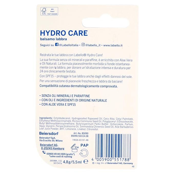 Labello Hydro Care Lip Balm With Natural Oils 5.5ml (0.18 Oz) [Italian Product]-VivaGrace Women