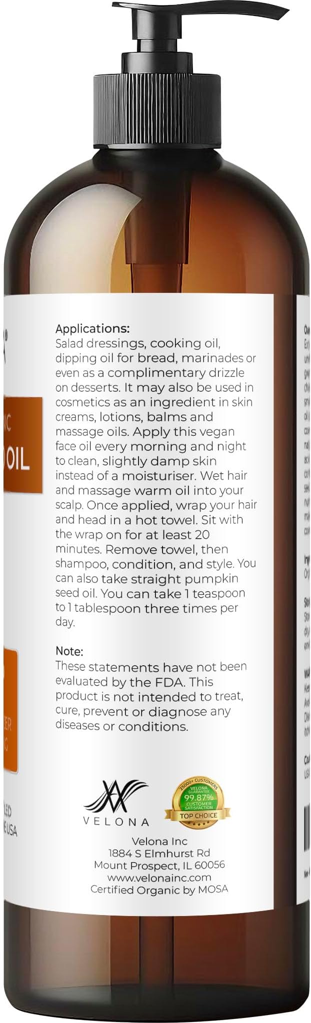 velona Pumpkin Seed Oil USDA Certified Organic - 16 Fl Oz | 100% Pure and Natural Carrier Oil | Unrefined, Cold Pressed | Cooking, Face, Hair, Body & Skin Care | Use Today - Enjoy Result-VivaGrace Women