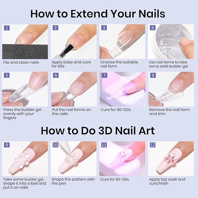 MIZHSE Solid Builder Gel Nail Kit with Nail Lamp, 3 Colors Builder Gel Clear Milky White Nude Hard Sculpting 3D Art U V LED Gels with Dual Form-VivaGrace Women