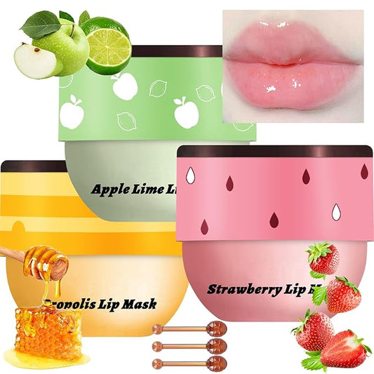 3 Pcs Bee Lip Balm Honey Pot, Honey Strawberry Apple Lip Mask Overnight, Moisturizing Lip Sleeping Mask, Hydrate Repair Prevent Dry Cracked Lip Exfoliator Lip Care (Honey+Strawberry+Apple Lime)-VivaGrace Women