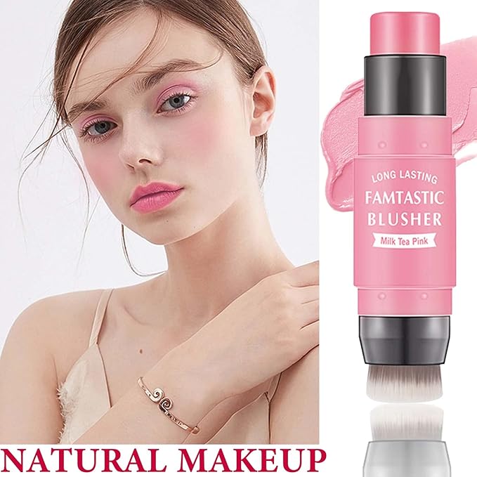Cream Blush Stick,Blush Stick for Cheeks with Contour Brush,3-in-1 Long Lasting Waterproof Blush&Eye Shadow&Lip Gloss for Fair Skin Types（01 Milk Tea Pink）-VivaGrace Women