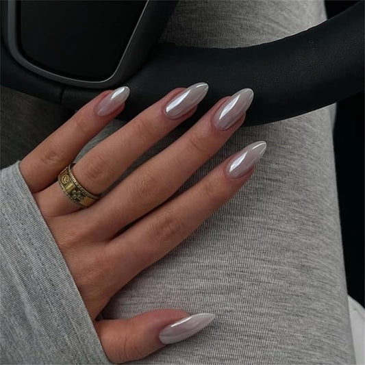 Medium Fake Nails Almond Press on Nails with Chrome Designs Glossy False Nails Grey Stick on Acrylic Nails for Women and Girls