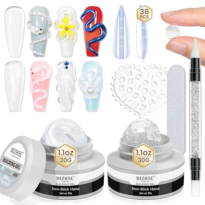 MIZHSE Solid Builder Gel for Nails Kit: 2PCS 30g 3D Pearl White & Clear Hard Gel for Nailswith Nail Forms 3D Silicone Mold Soak off U V LED Builder Gels for Extension Home Manicure-VivaGrace Women