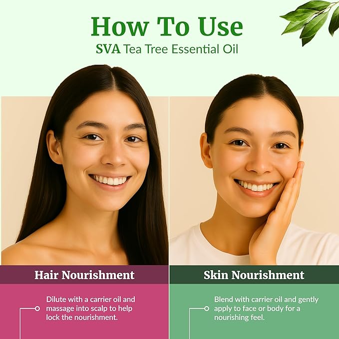 SVA Tea Tree Essential Oil – 4 Fl Oz – 100% Natural Tea Tree Oil - for Diffuser, Hair Care, Face, Skin Care, Aromatherapy, Scalp and Body Massage, Soap and Candle Making – with Dropper-VivaGrace Women