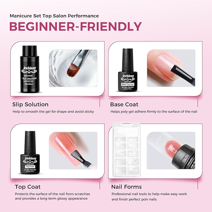 JEWHITENY 28 Colors Poly Nail Gel Kit with Base Top Coat Purple Blue Yellow Nude Pink Glitter Shades Quick-Dry for Beginners DIY Need U V Lamp Curing-VivaGrace Women