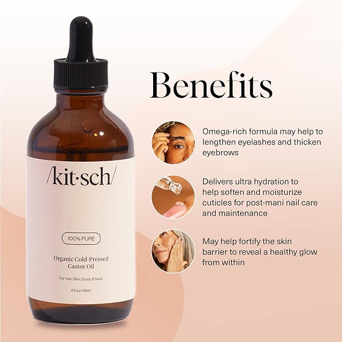 Kitsch Organic Castor Oil for Hair Growth - 100% Pure Castor Oil, Organic Cold Pressed Unrefined Glass Bottle for Face, Skin, Lashes, Brows, Scalp, Nails & Belly Button - Hexane Free, USDA - 4 oz-VivaGrace Women
