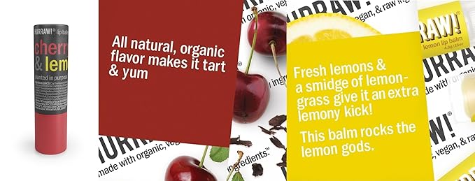 Hurraw! Cherry & Lemon Lip Balm, 3 Pack: Plastic-Free with new cardboard push-up tube. Certified Organic, All Natural Origin, Vegan & Cruelty Free. Gluten Free. Bee, Shea, Soy & Palm Free. Made in USA-VivaGrace Women