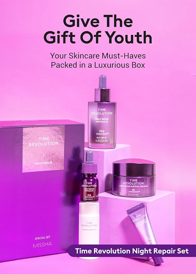MISSHA Time Revolution Night Repair 5X Gift Set Night Repair Ampoule and Cream 5X, The First Essence 5X for Youthful, Glowing Skin-VivaGrace Women