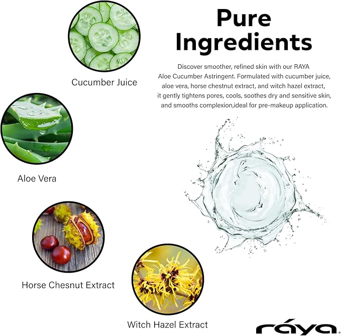 Raya Aloe Cucumber Astringent (202), Facial Toner for Dry and Sensitive Skin - Refreshing, Hydrating and Calming Formula, Gentle Pore Tightening Skincare, Cruelty, Paraben & Alcohol-Free, 8 fl oz-VivaGrace Women