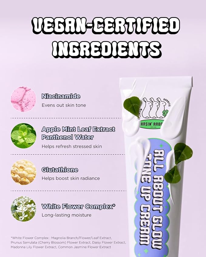 CHASIN' RABBITS All About Glow Tone-up Cream 1.69 fl. Oz, Natural Makeup Base, Dewy Hydration, Long-Lasting Makeup with Soft Texture, Korean Beauty-VivaGrace Women