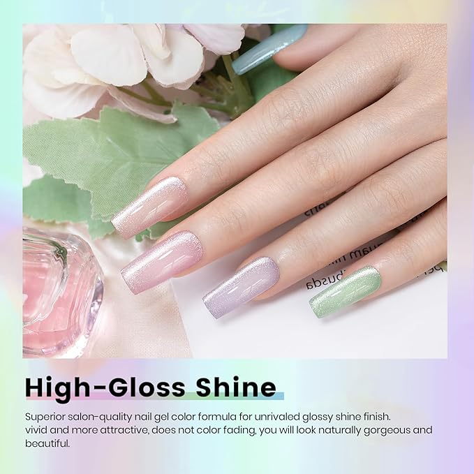 RARJSM Sparkle Diamond Cat Eye Gel Nail Polish Set 6 Colors Nude Pink Milky Jelly Purple Green Blue Silver Glitter Cateye Gel Polish with Magnet Stick UV LED Curing Requires Soak Off Home Salon Diy-VivaGrace Women