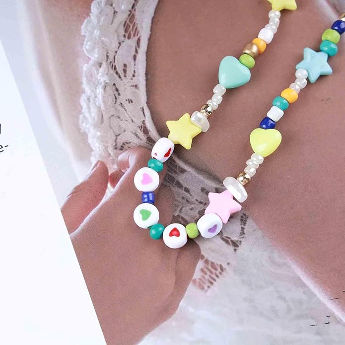 Vintage Seed Bead Choker Necklace Pearl Choker Necklace Colorful Star Heart Necklace Cute Rainbow Necklace Chain Jewelry for Women-VivaGrace Women