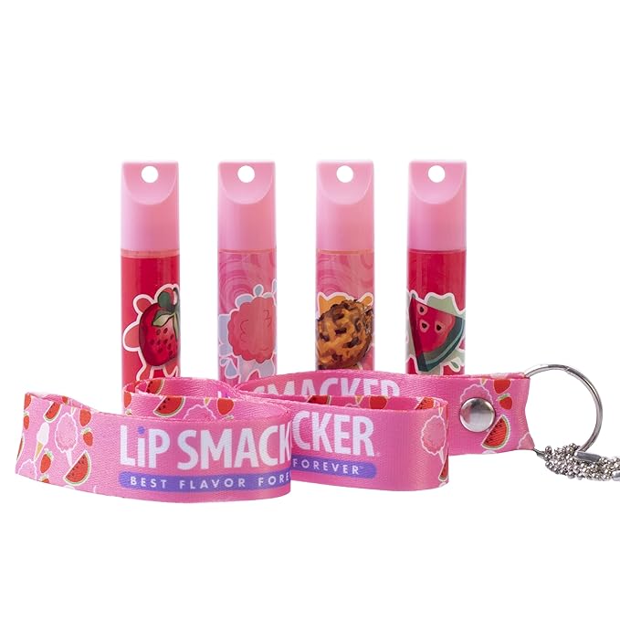 Lip Smacker Flavored Lip Balm & Pink Lanyard Set | Strawberry, Cotton Candy, Watermelon, Oatmeal Cookie Flavors | For Kids | Stocking Stuffer | Christmas Gift | Set of 4-VivaGrace Women