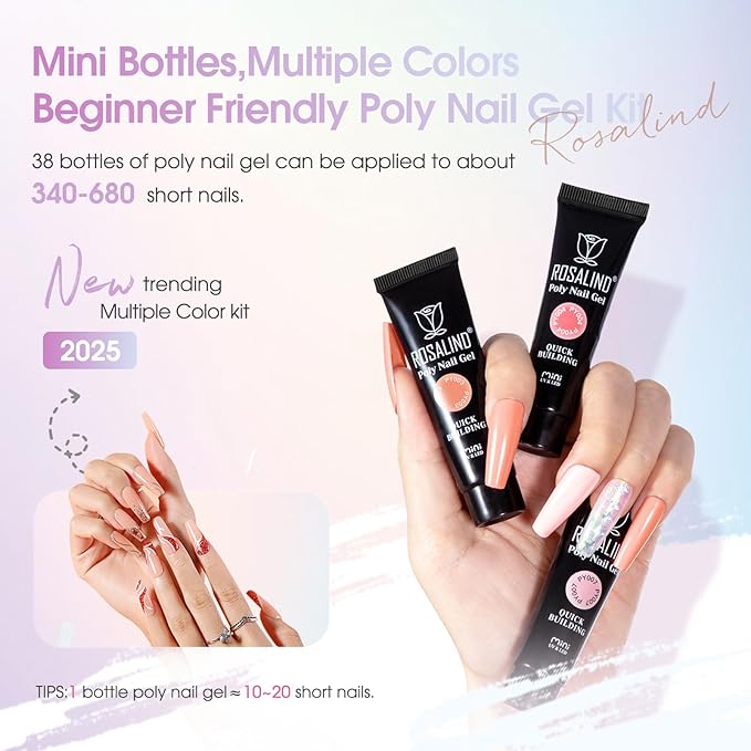 ROSALIND 38PCS Poly Nail Gel Kit with Mini Nail Lamp Glitter Brown Poly Extension Gels Kit Nude Pink Poly Gels Set-VivaGrace Women