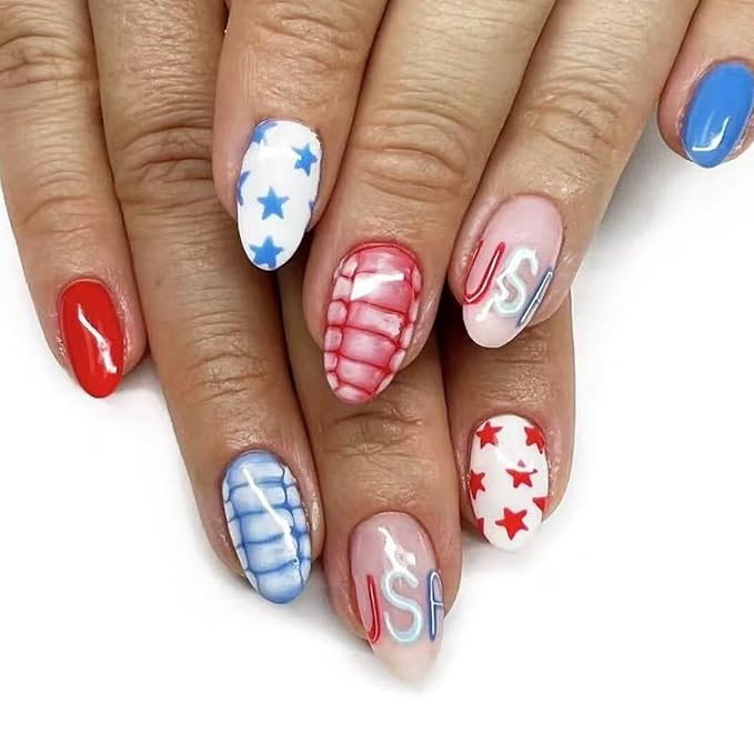 Independence Day Press on Nails Short Almond Fake Nails with Red Blue Checked Design USA Star False Nails Glossy Full Cover Summer 4th of July Stick on Nails for Women Girls Manicure 24Pcs