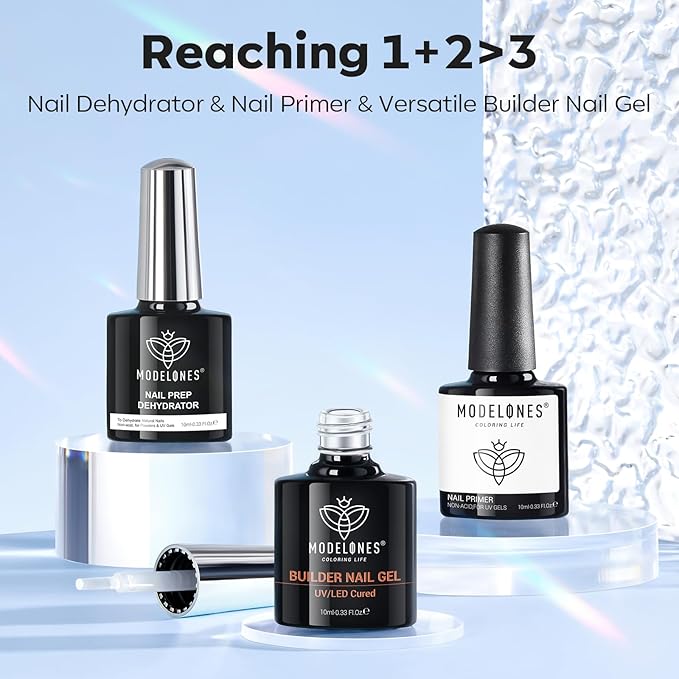 modelones Nail Dehydrator and Primer & Builder Nail Gel, 3Pcs Prep Dehydrate & Bond Primer Clear Gel Builder Polish Base Coat for Strengthener Apex Building, LED Lamp Cured 10ml Home DIY Salon-VivaGrace Women