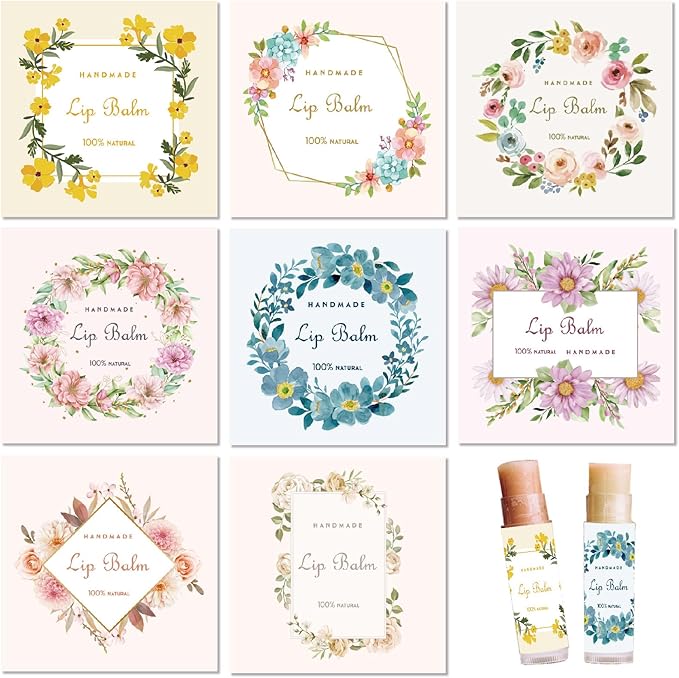 CRASPIRE 80Pcs 8 Styles Lip Balm Sticker Flower Wreath Plants Self-Adhesive Homemade Lip Balm Labels Floral Patter Square DIY Label Stickers for Lip Balm Containers Cosmetics Lipsticks-VivaGrace Women