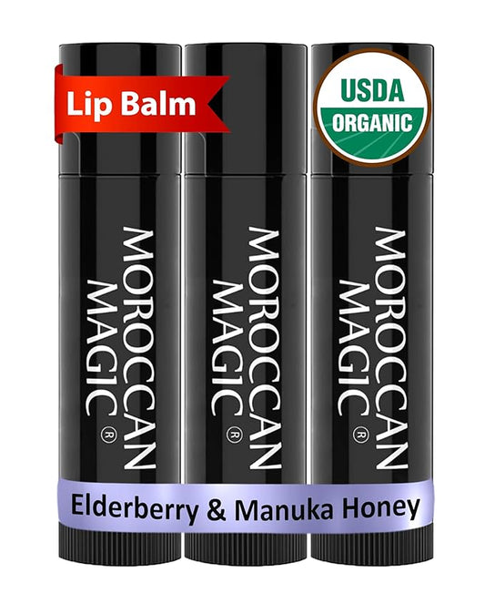 Moroccan Magic Organic Elderberry & Manuka Honey Lip Balm 3 Pack | Ultra-Hydrating Argan Oil Lip Moisturizer + Vitamin E | Natural Chapstick for Dry Lips | Smooth, Non-Toxic | Organic Lip Balm-VivaGrace Women