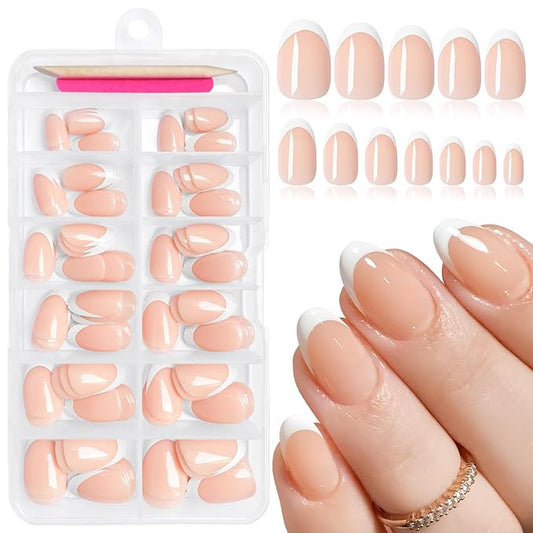 AddFavor French Tip Press on Nails Short Oval Fake Nails, 120pcs White French Tips Nails Press on Almond Nude False Acrylic Nails for Women and Girls