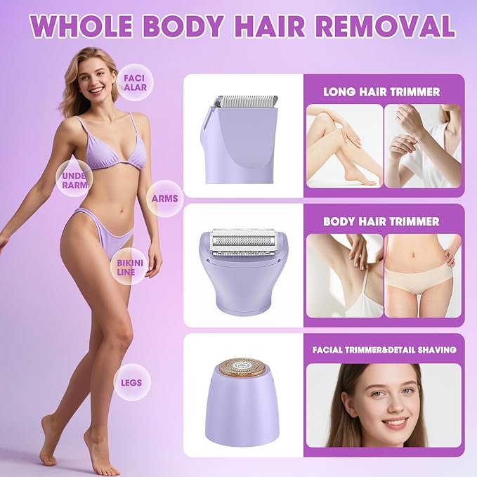 Bikini Trimmer Electric Razors for Women,3 in 1 Body Hair Removal Kit for Face,Pubic,Arm, Leg, Armpit, Bikini Trimmer,Painless IPX6 Waterproof Rechargeable Portable Lady Shavers Wet & Dry Gifts-VivaGrace Women