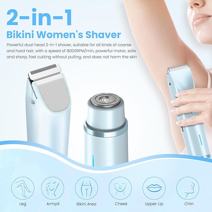 Bikini Trimmer for Women-2 in 1 Electric Razors for Women,USB Rechargeable Bikini Electric Shaver,IPX7 Waterproof Dry & Wet Use Body Hair Trimmer and Facial Hair Remover for Underarm Leg Body,Blue-VivaGrace Women