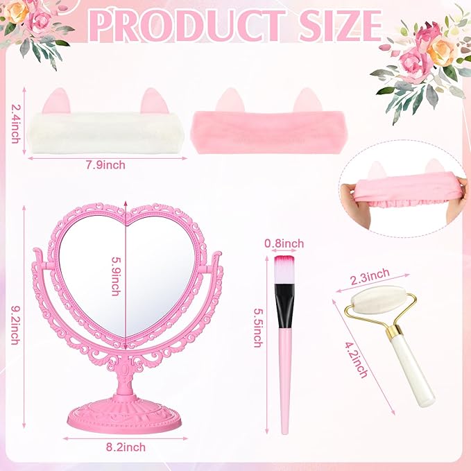 8 Set Spa Party Supplies for Girls Including 8 Heart Shaped Stand Mirrors 8 Jade Roller for Face 8 Face Brushes Kit 8 Face Mask Mixing Bowl 8 Headband for Sleepover Birthday Party Favors-VivaGrace Women